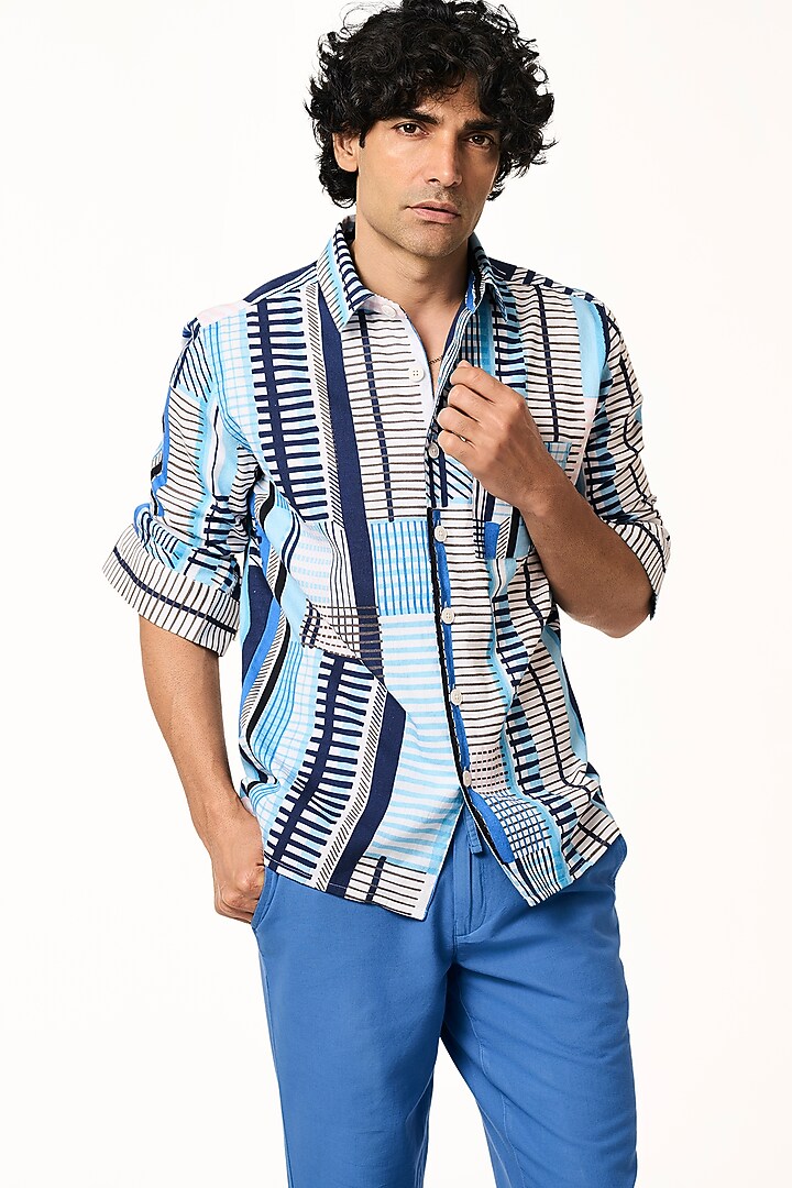Blue Organic Khadi Cotton Party Wear Shirt by TERRA LUNA at Pernia's Pop Up Shop