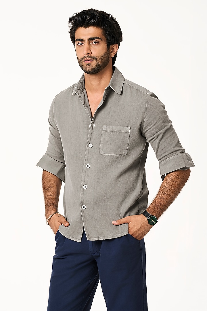 Charcoal Grey Organic Khadi Cotton Summer Shirt by TERRA LUNA at Pernia's Pop Up Shop