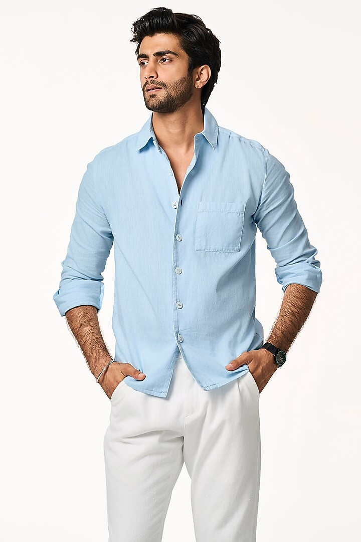 Ice Blue Organic Khadi Cotton Summer Shirt by TERRA LUNA at Pernia's Pop Up Shop