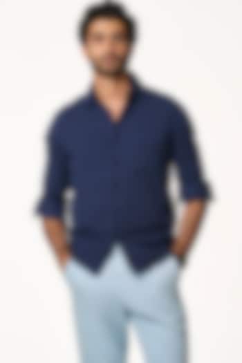 Navy Blue Organic Khadi Cotton Summer Shirt by TERRA LUNA at Pernia's Pop Up Shop