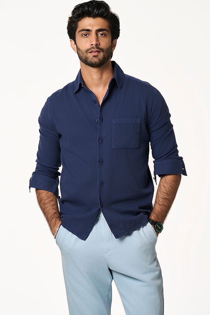 Navy Blue Organic Khadi Cotton Summer Shirt by TERRA LUNA at Pernia's Pop Up Shop