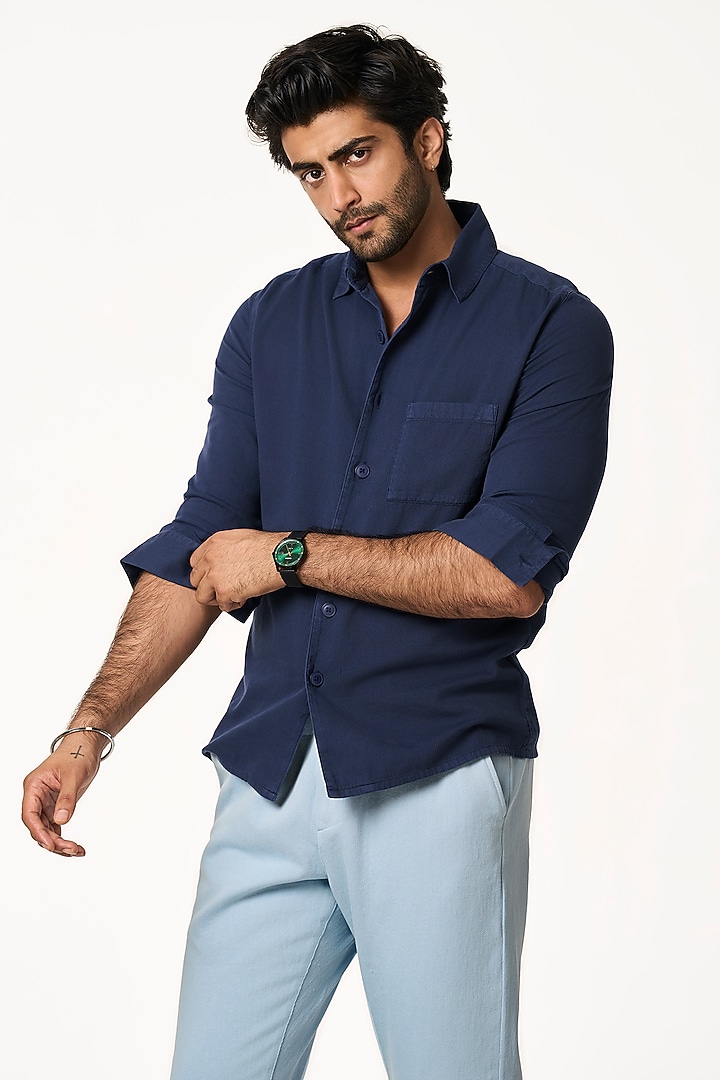 Navy Blue Organic Khadi Cotton Summer Shirt by TERRA LUNA at Pernia's Pop Up Shop