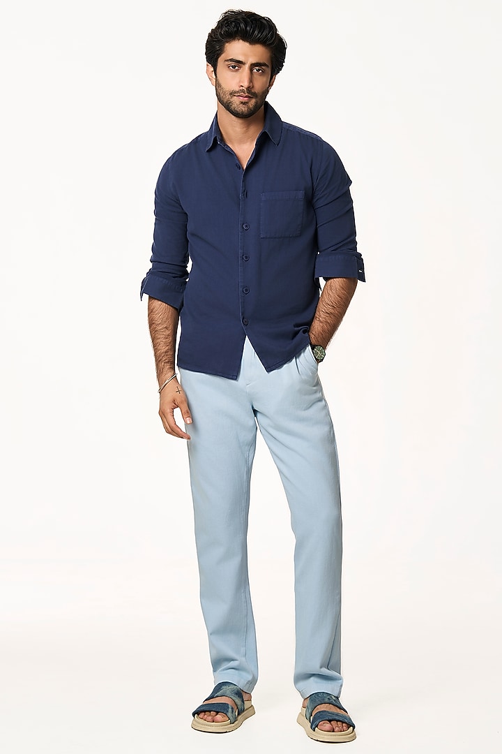 Navy Blue Organic Khadi Cotton Summer Shirt by TERRA LUNA at Pernia's Pop Up Shop