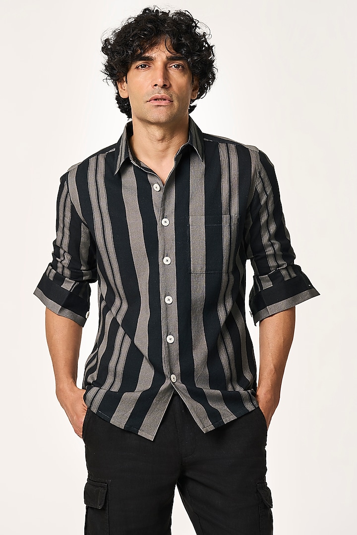 Charcoal Organic Khadi Cotton Stripe Printed Shirt by TERRA LUNA