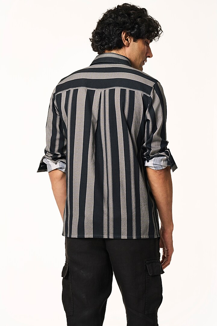 Charcoal Organic Khadi Cotton Stripe Printed Party Wear Shirt by TERRA LUNA at Pernia's Pop Up Shop