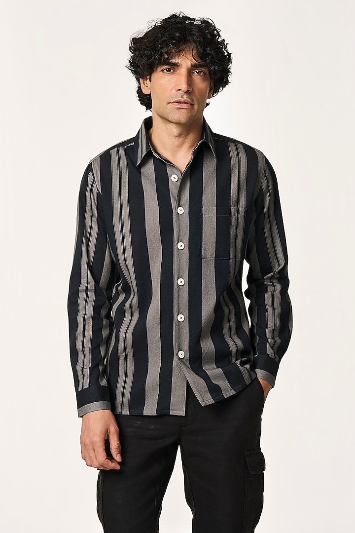 Charcoal Organic Khadi Cotton Stripe Printed Party Wear Shirt by TERRA LUNA at Pernia's Pop Up Shop