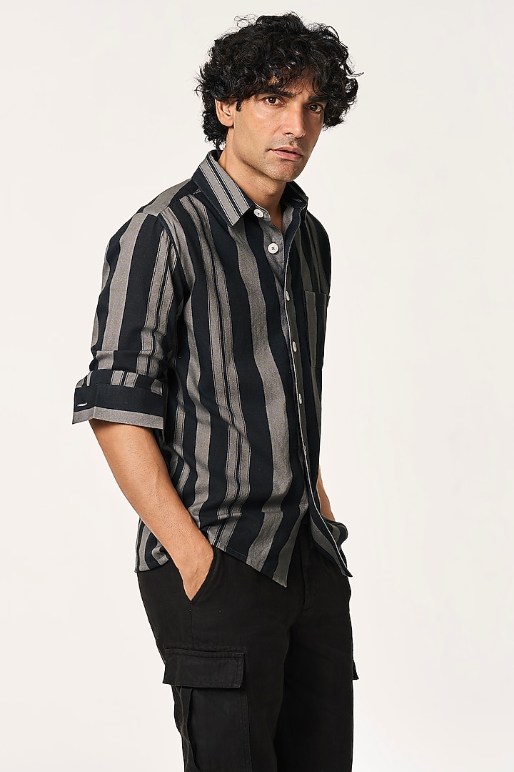 Charcoal Organic Khadi Cotton Stripe Printed Party Wear Shirt by TERRA LUNA at Pernia's Pop Up Shop