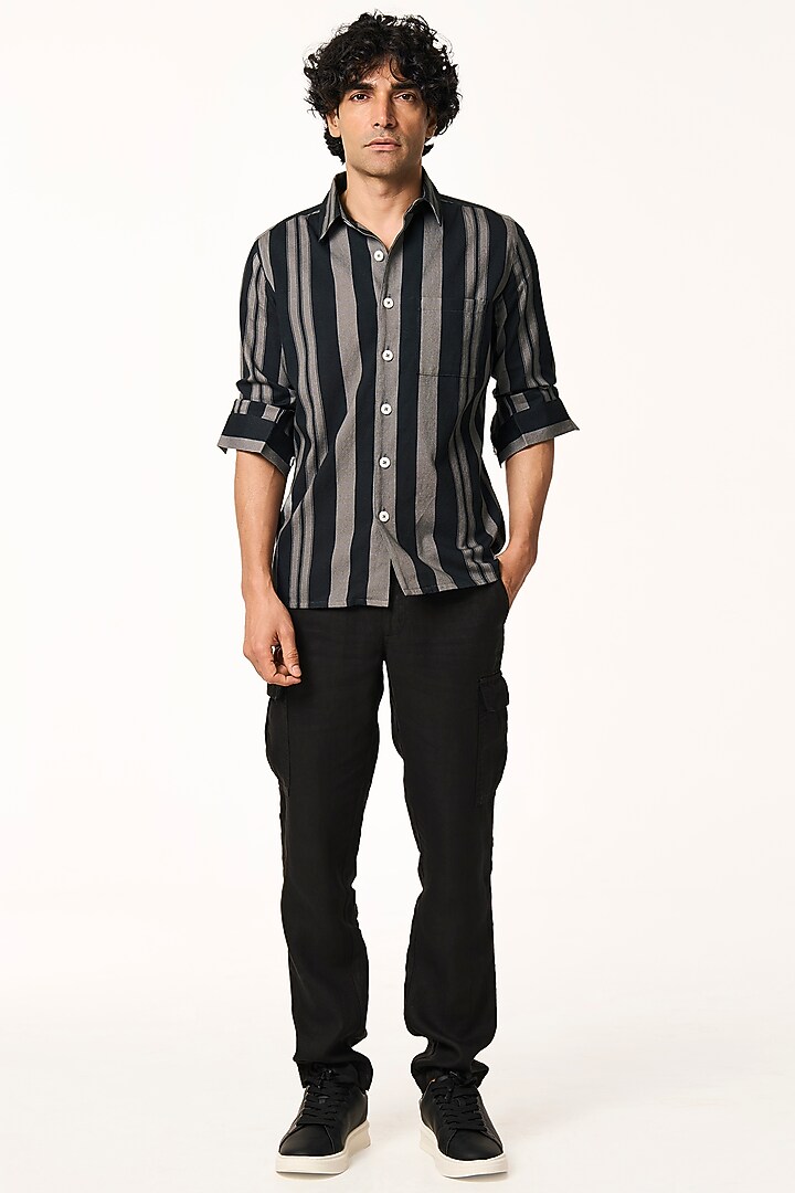 Charcoal Organic Khadi Cotton Stripe Printed Party Wear Shirt by TERRA LUNA at Pernia's Pop Up Shop