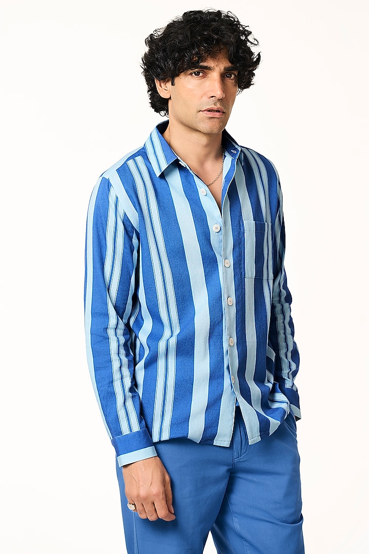 Ocean Blue Organic Khadi Cotton Stripe Printed Shirt by TERRA LUNA