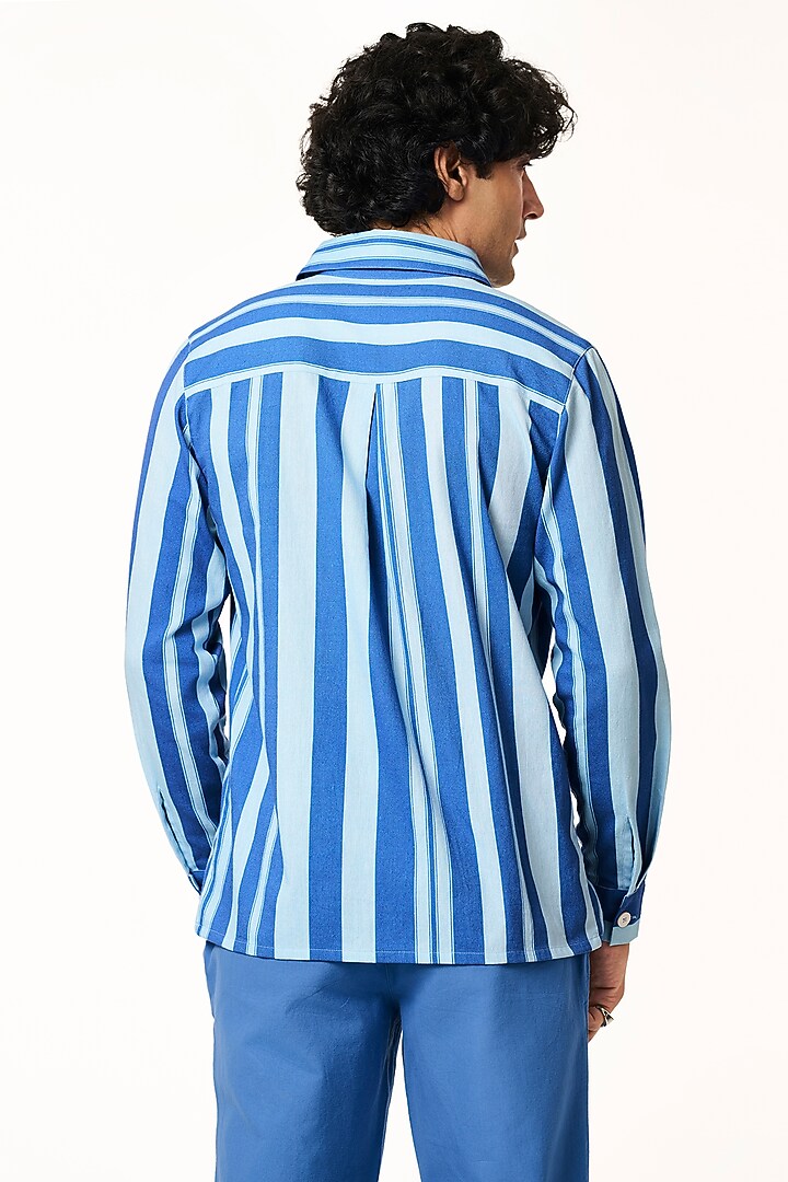 Ocean Blue Organic Khadi Cotton Stripe Printed Party Wear Shirt by TERRA LUNA at Pernia's Pop Up Shop