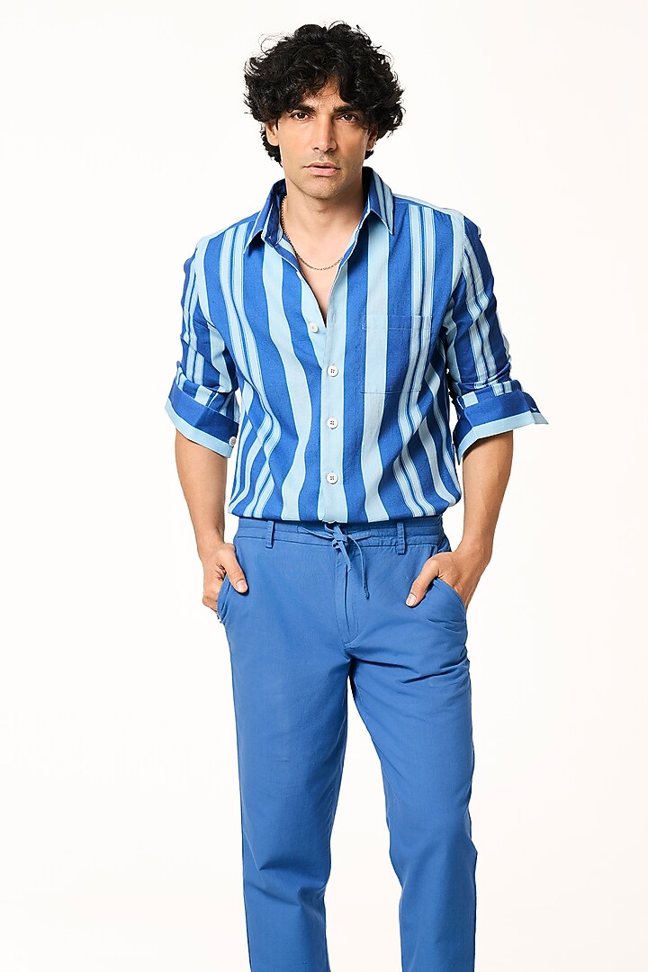 Ocean Blue Organic Khadi Cotton Stripe Printed Party Wear Shirt by TERRA LUNA at Pernia's Pop Up Shop