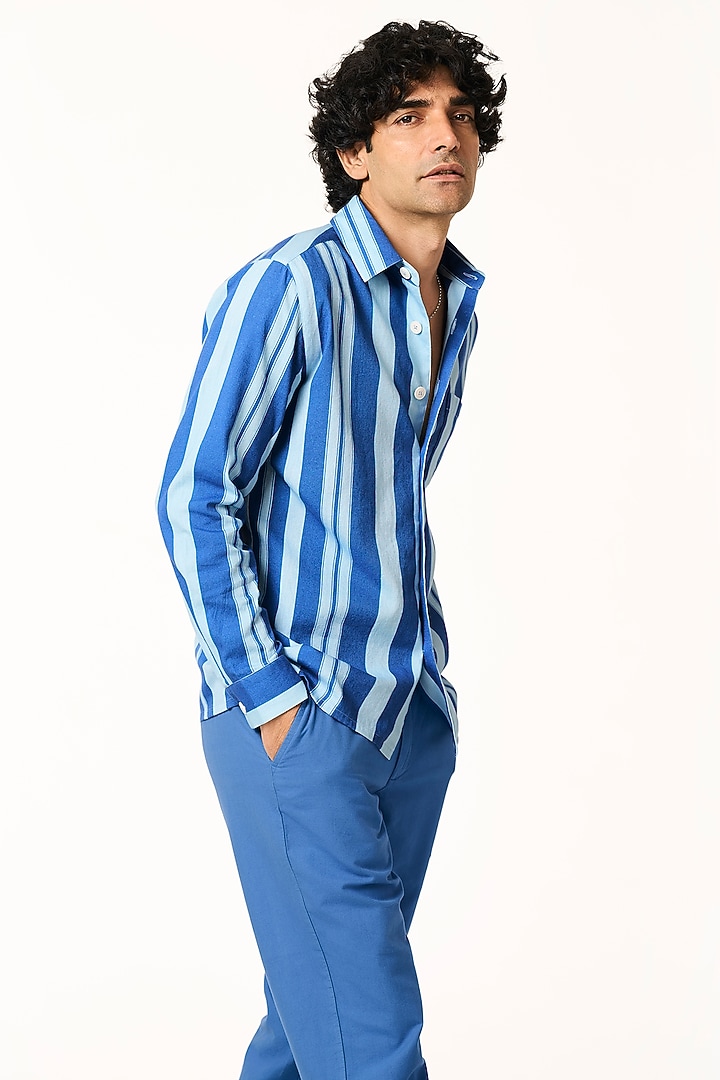 Ocean Blue Organic Khadi Cotton Stripe Printed Party Wear Shirt by TERRA LUNA at Pernia's Pop Up Shop