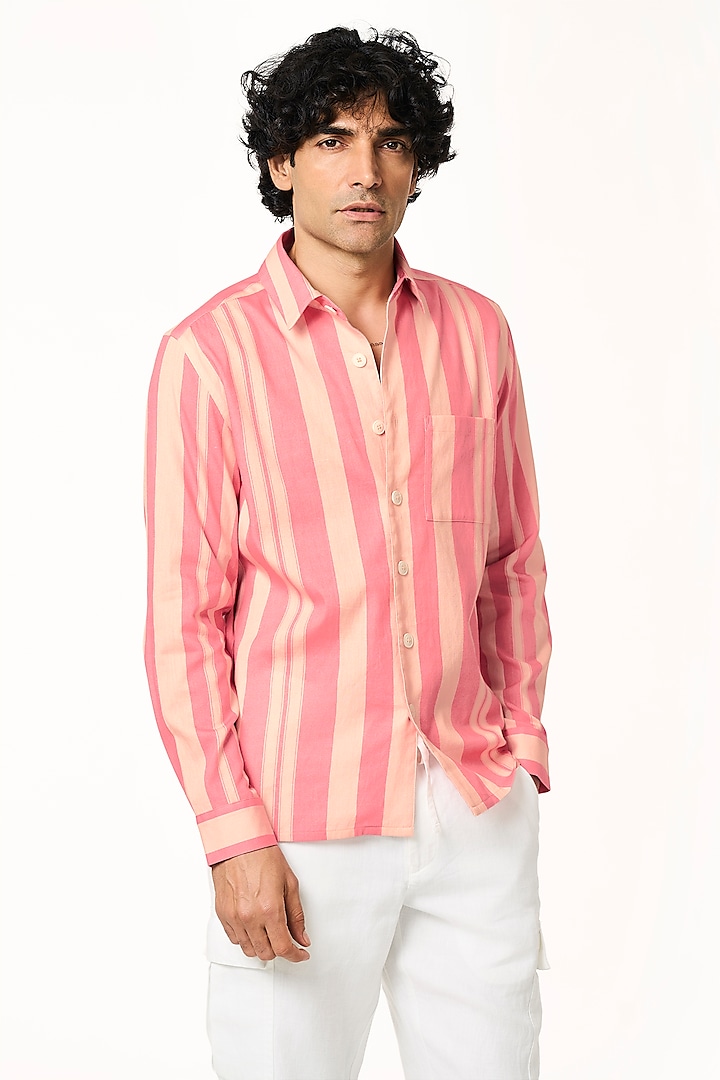 Pink Organic Khadi Cotton Stripe Printed Shirt by TERRA LUNA