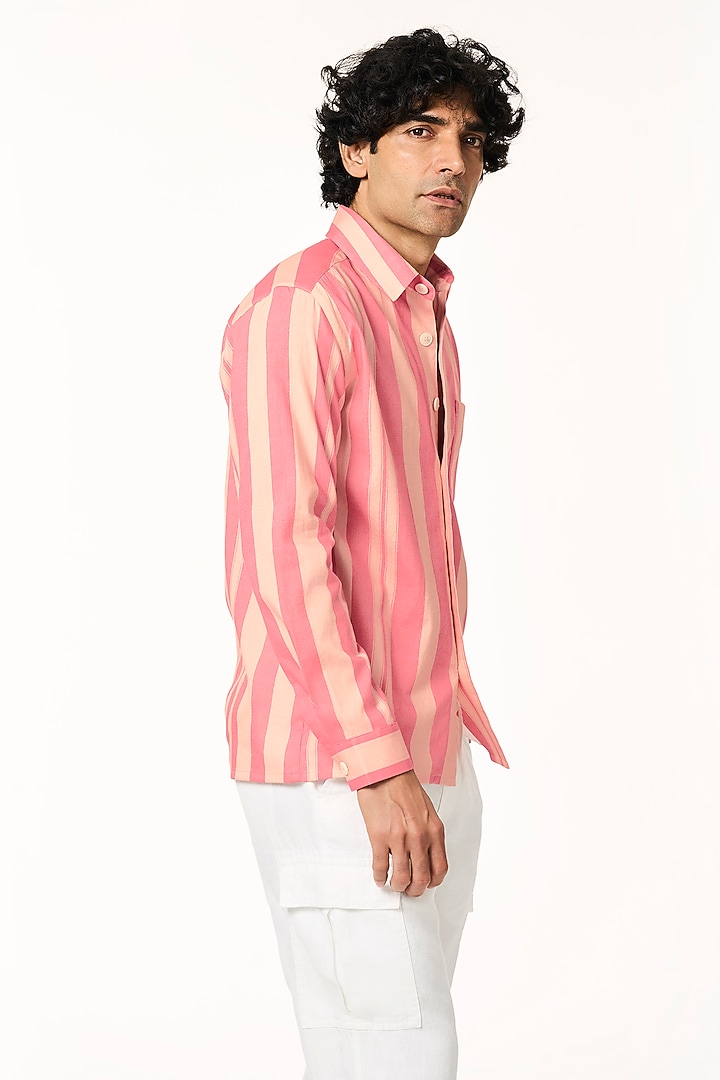 Pink Organic Khadi Cotton Stripe Printed Party Wear Shirt by TERRA LUNA at Pernia's Pop Up Shop