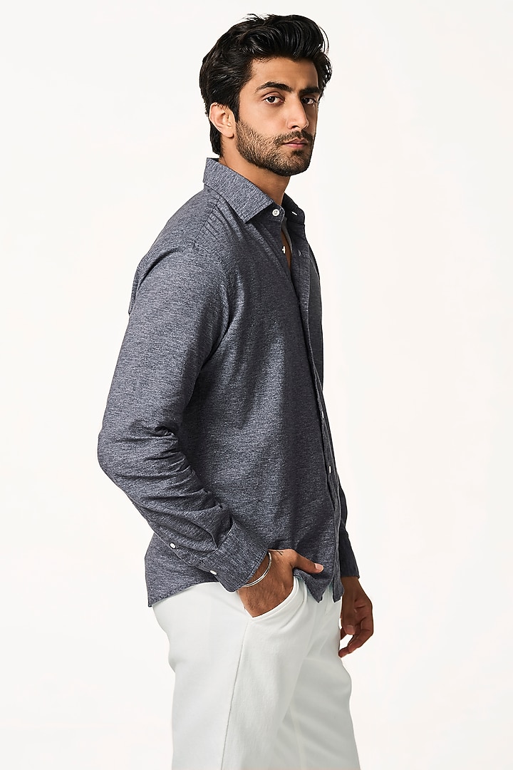 Dark Blue Chambray Organic Khadi Cotton Party Wear Shirt by TERRA LUNA at Pernia's Pop Up Shop