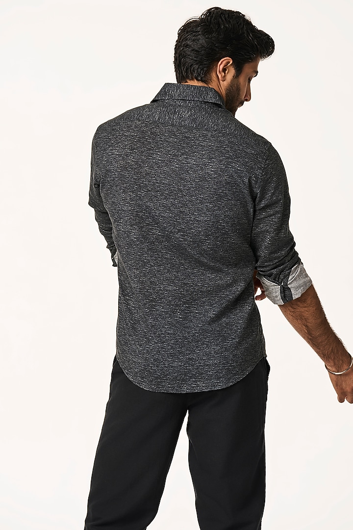 Washed Black Chambray Organic Khadi Cotton Party Wear Shirt by TERRA LUNA at Pernia's Pop Up Shop