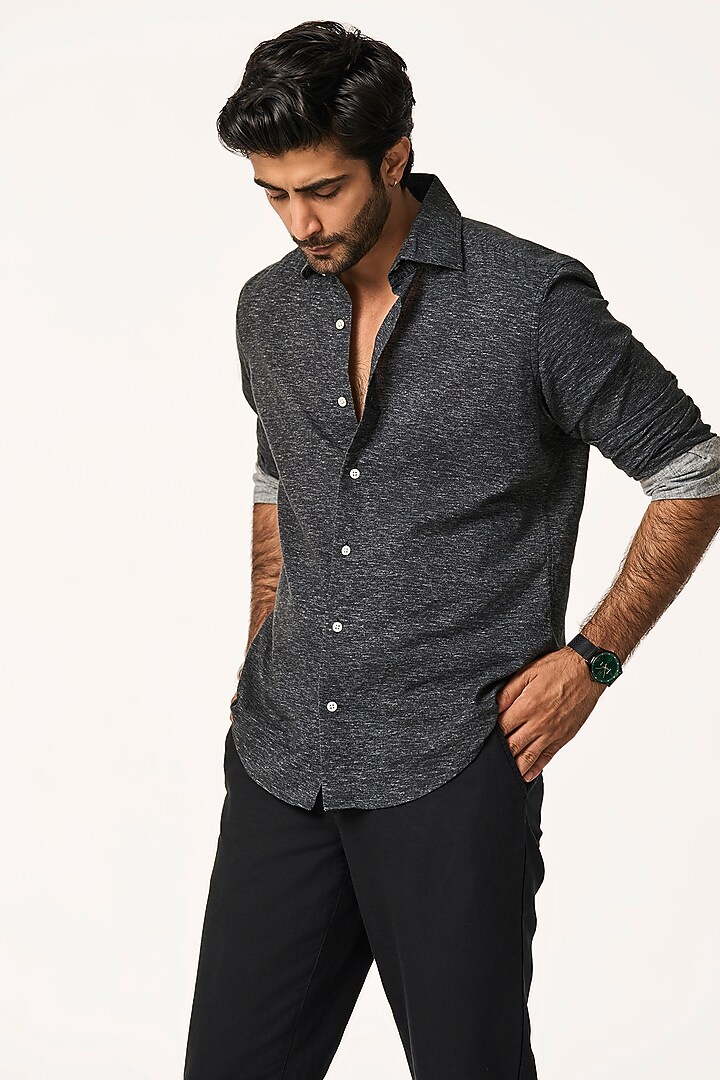 Washed Black Chambray Organic Khadi Cotton Party Wear Shirt by TERRA LUNA at Pernia's Pop Up Shop