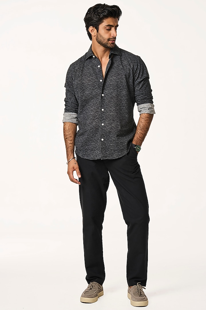 Washed Black Chambray Organic Khadi Cotton Party Wear Shirt by TERRA LUNA at Pernia's Pop Up Shop