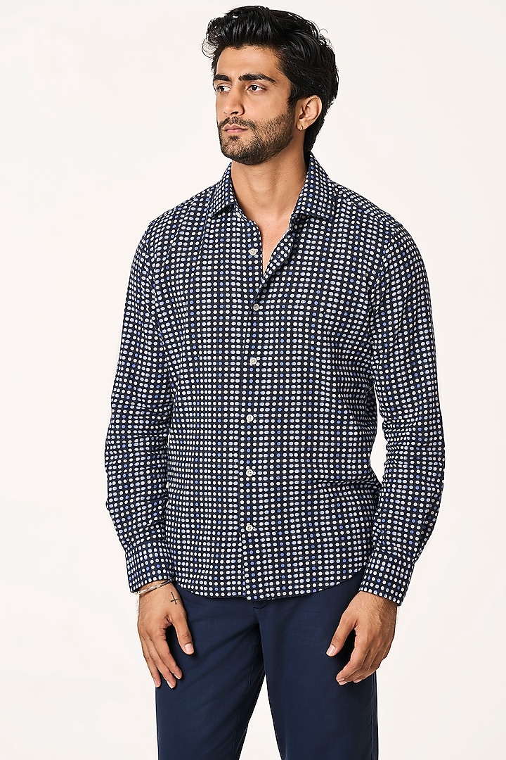 Blue Organic Khadi Cotton Printed Shirt by TERRA LUNA