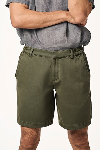Moss-Color Organic Khadi Cotton Shorts by TERRA LUNA