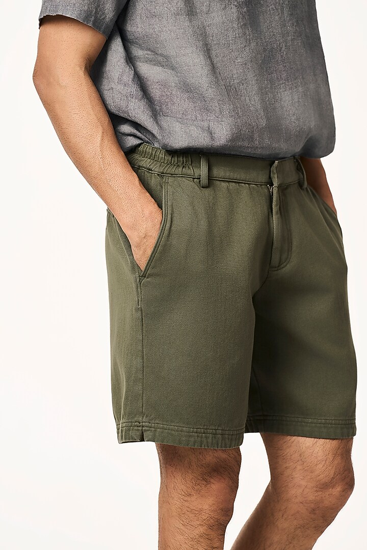 Moss-Color Organic Khadi Cotton Shorts by TERRA LUNA at Pernia's Pop Up Shop