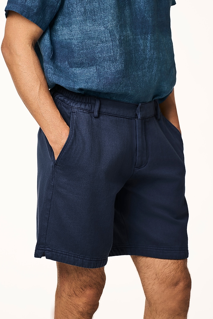 Navy Blue Organic Khadi Cotton Shorts by TERRA LUNA at Pernia's Pop Up Shop