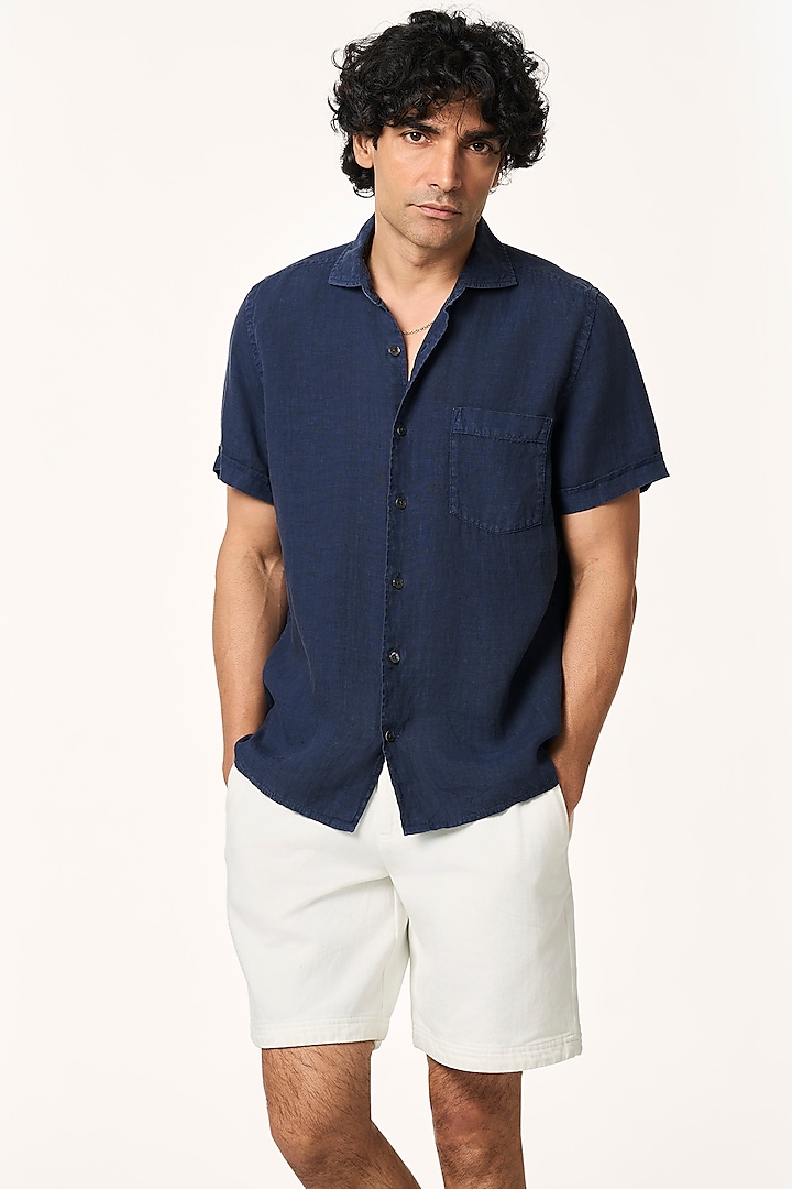 Navy Blue Linen Shirt by TERRA LUNA