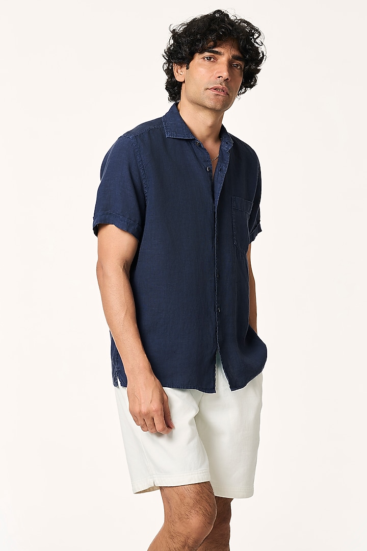 Navy Blue Linen Summer Shirt by TERRA LUNA at Pernia's Pop Up Shop