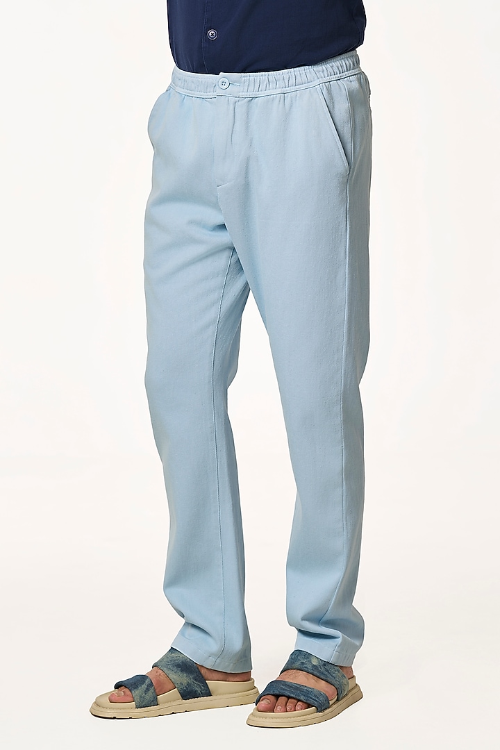 Ice Blue Organic Khadi Cotton Pants by TERRA LUNA at Pernia's Pop Up Shop