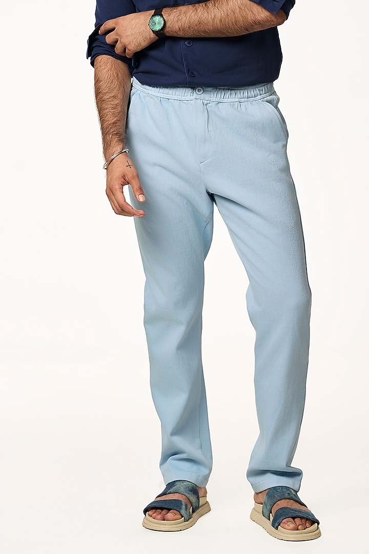 Ice Blue Organic Khadi Cotton Pants by TERRA LUNA at Pernia's Pop Up Shop