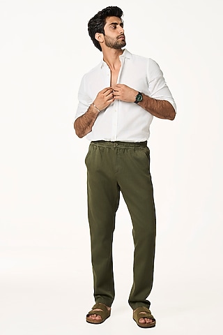 Moss-Color Organic Khadi Cotton Pants by TERRA LUNA