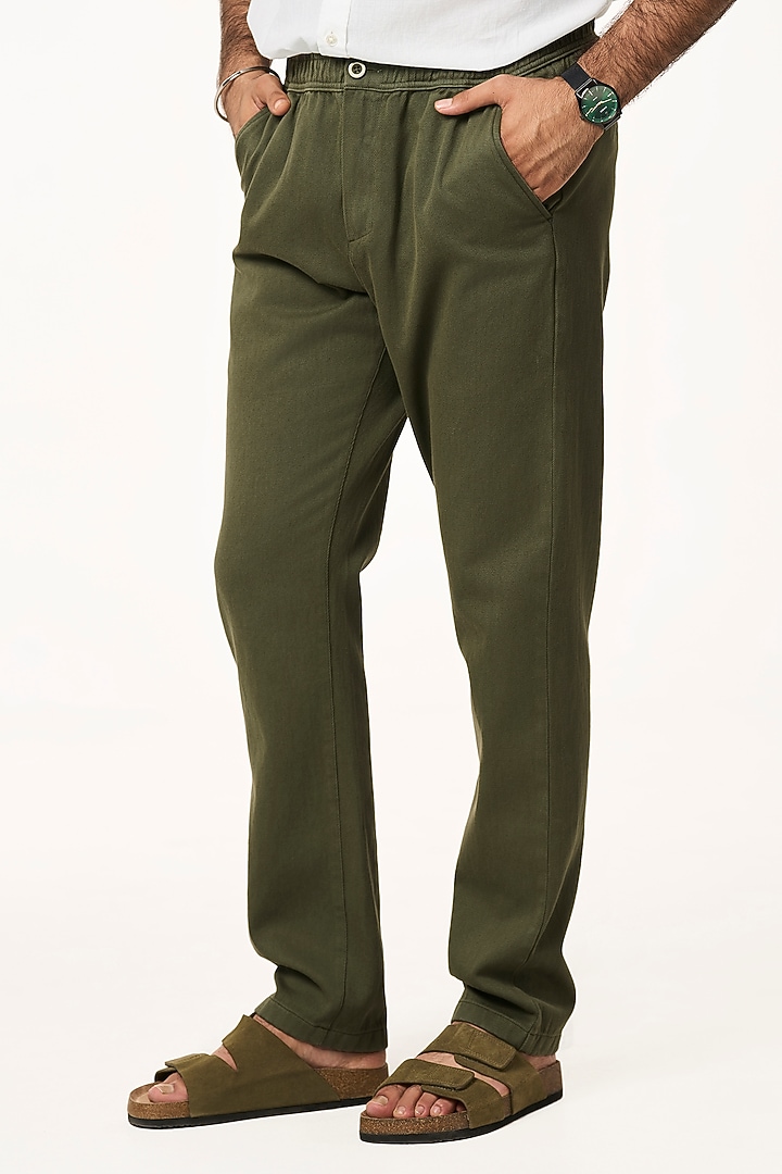 Moss-Color Organic Khadi Cotton Pants by TERRA LUNA at Pernia's Pop Up Shop