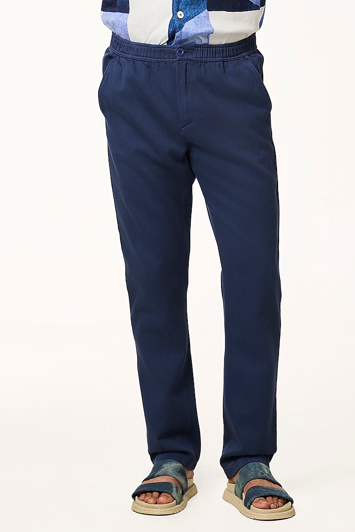 Navy Organic Khadi Cotton Pants by TERRA LUNA at Pernia's Pop Up Shop