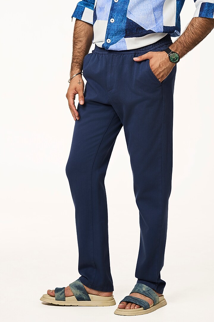 Navy Organic Khadi Cotton Pants by TERRA LUNA at Pernia's Pop Up Shop