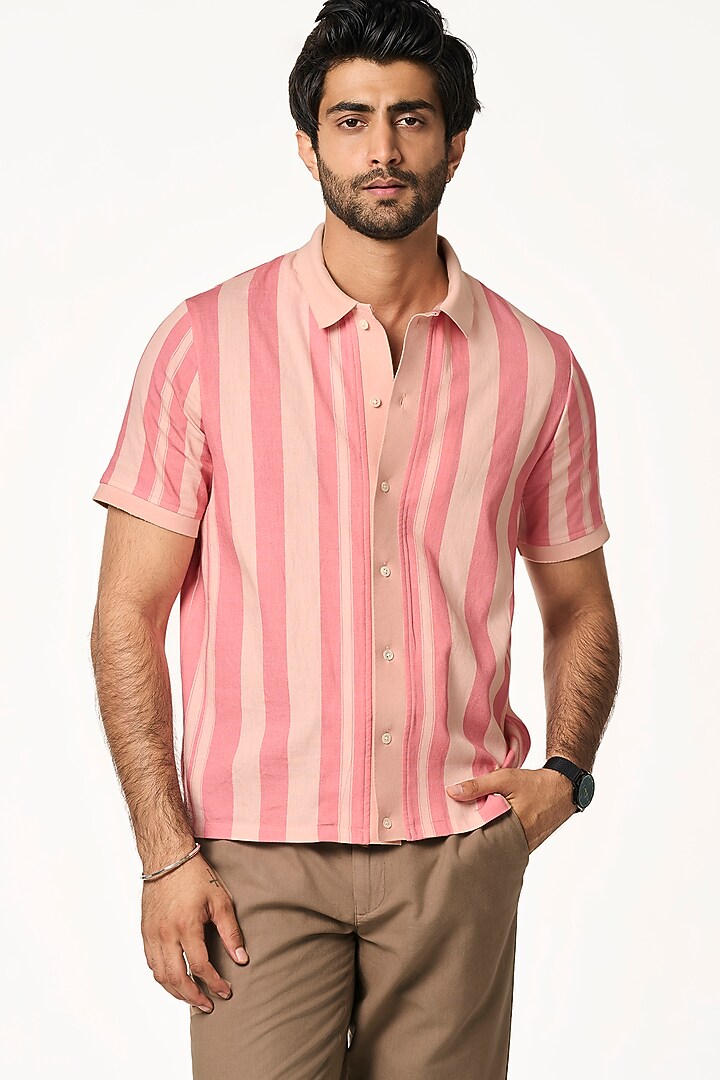 Tonal Pink Stripe Organic Khadi Cotton Party Wear Shirt by TERRA LUNA at Pernia's Pop Up Shop