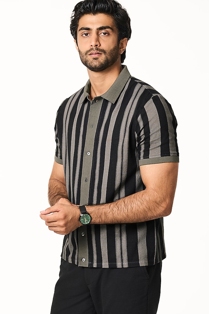 Charcoal Stripe Organic Khadi Cotton Party Wear Shirt by TERRA LUNA at Pernia's Pop Up Shop