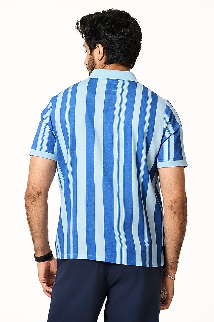 Ocean Blue Stripe Organic Khadi Cotton Party Wear Shirt by TERRA LUNA at Pernia's Pop Up Shop
