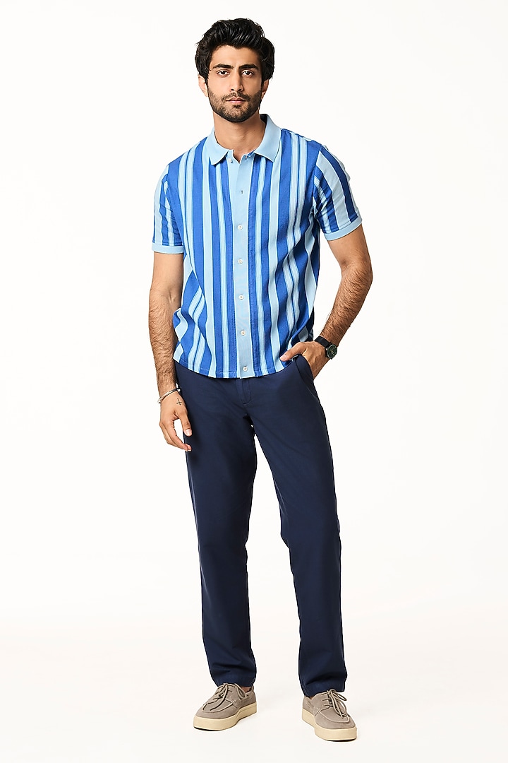 Ocean Blue Stripe Organic Khadi Cotton Party Wear Shirt by TERRA LUNA at Pernia's Pop Up Shop
