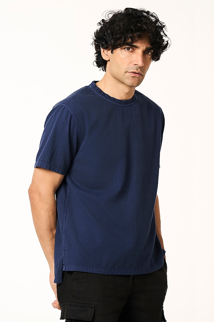 Navy Organic Khadi Cotton T-Shirt by TERRA LUNA at Pernia's Pop Up Shop