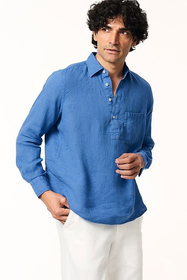 Ocean Blue Linen Party Wear Shirt by TERRA LUNA at Pernia's Pop Up Shop