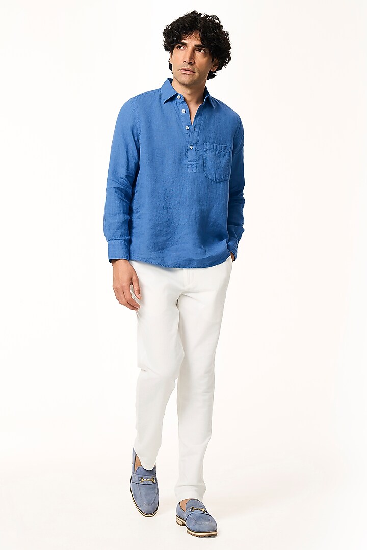Ocean Blue Linen Party Wear Shirt by TERRA LUNA at Pernia's Pop Up Shop