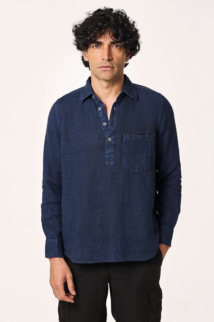 Navy Linen Party Wear Shirt by TERRA LUNA at Pernia's Pop Up Shop