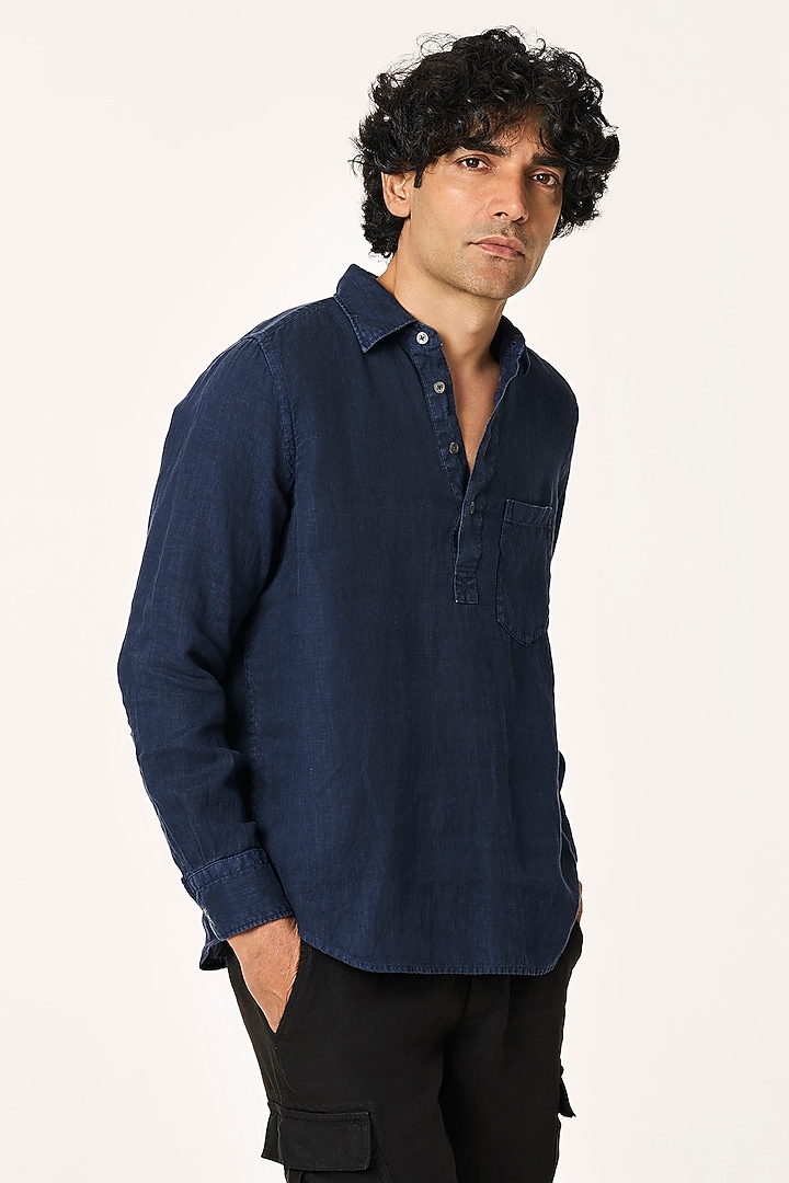 Navy Linen Party Wear Shirt by TERRA LUNA at Pernia's Pop Up Shop