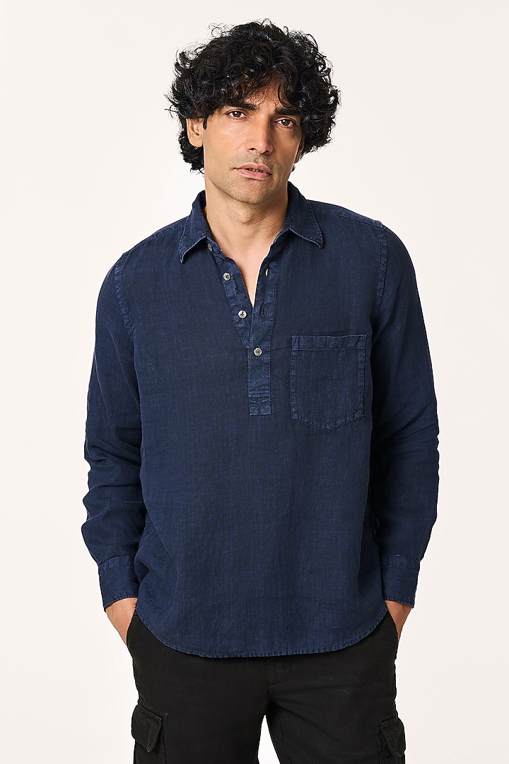 Navy Linen Party Wear Shirt by TERRA LUNA at Pernia's Pop Up Shop