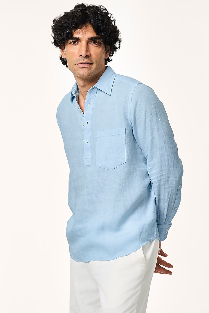 Ice Blue Linen Party Wear Shirt by TERRA LUNA at Pernia's Pop Up Shop