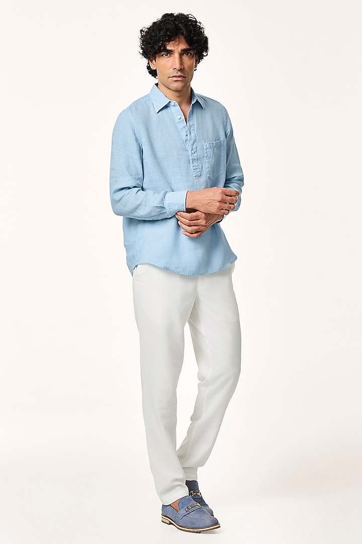 Ice Blue Linen Party Wear Shirt by TERRA LUNA at Pernia's Pop Up Shop