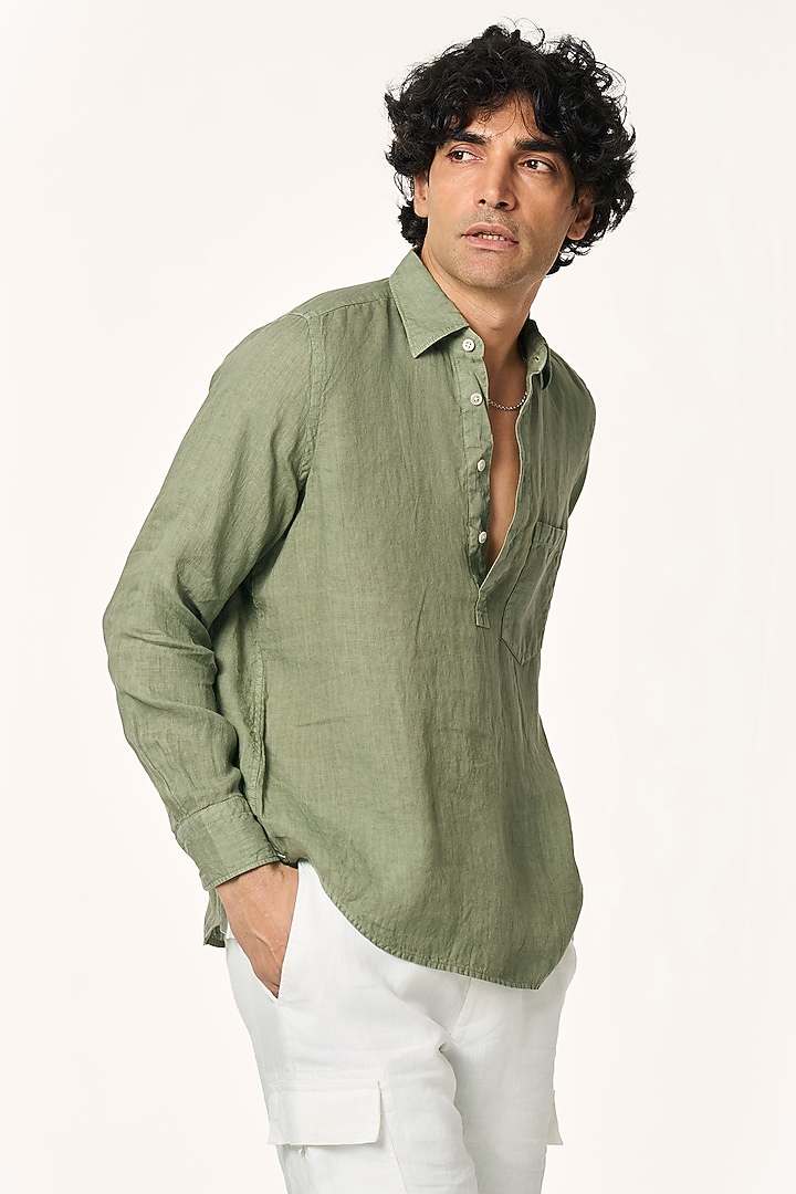 Matcha Linen Party Wear Shirt by TERRA LUNA at Pernia's Pop Up Shop