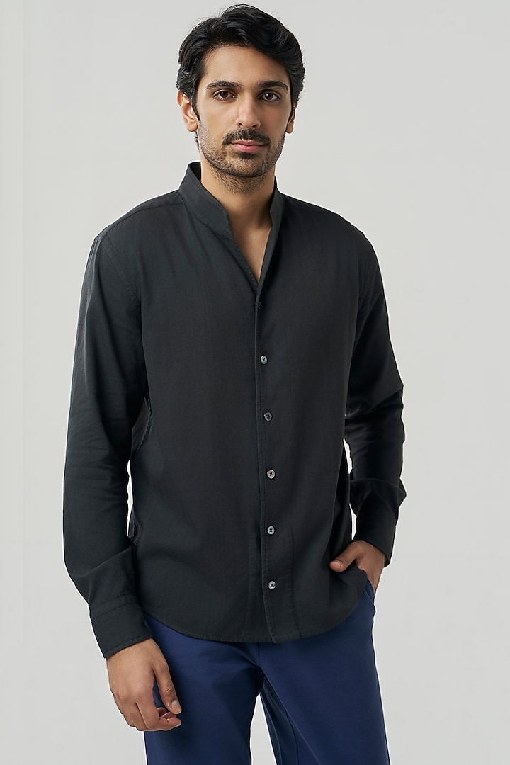 Faded Black Organic Khadi Cotton Party Wear Shirt by TERRA LUNA at Pernia's Pop Up Shop