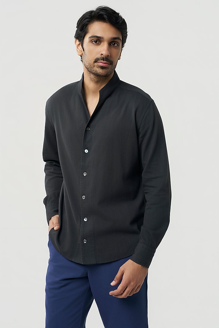 Faded Black Organic Khadi Cotton Party Wear Shirt by TERRA LUNA at Pernia's Pop Up Shop