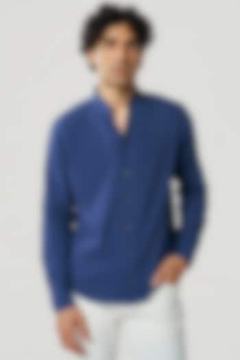 Navy Organic Khadi Cotton Party Wear Shirt by TERRA LUNA at Pernia's Pop Up Shop